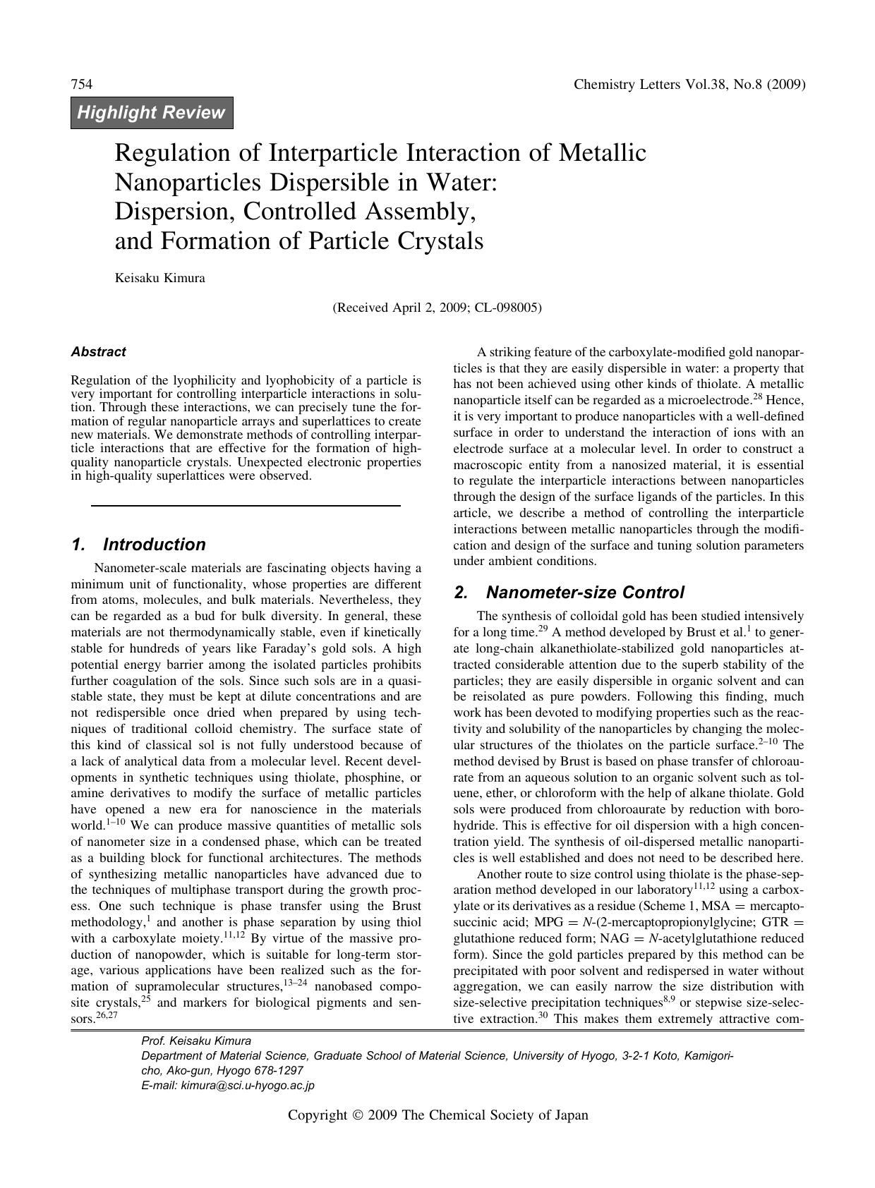 Regulation of Interparticle Interaction of Metallic Nanoparticles Dispersible in Water: Dispersion, Controlled Assembly, and Formation of Particle Crystals by Keisaku Kimura