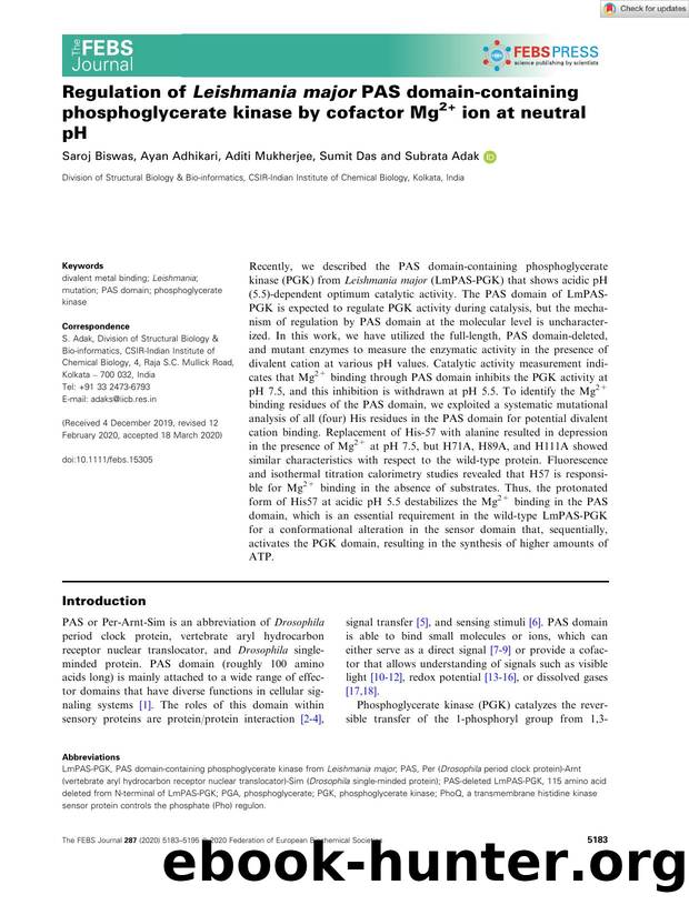 Regulation of LeishmaniaÂ major PAS domainâcontaining phosphoglycerate kinase by cofactor Mg2+ ion at neutral pH by Unknown