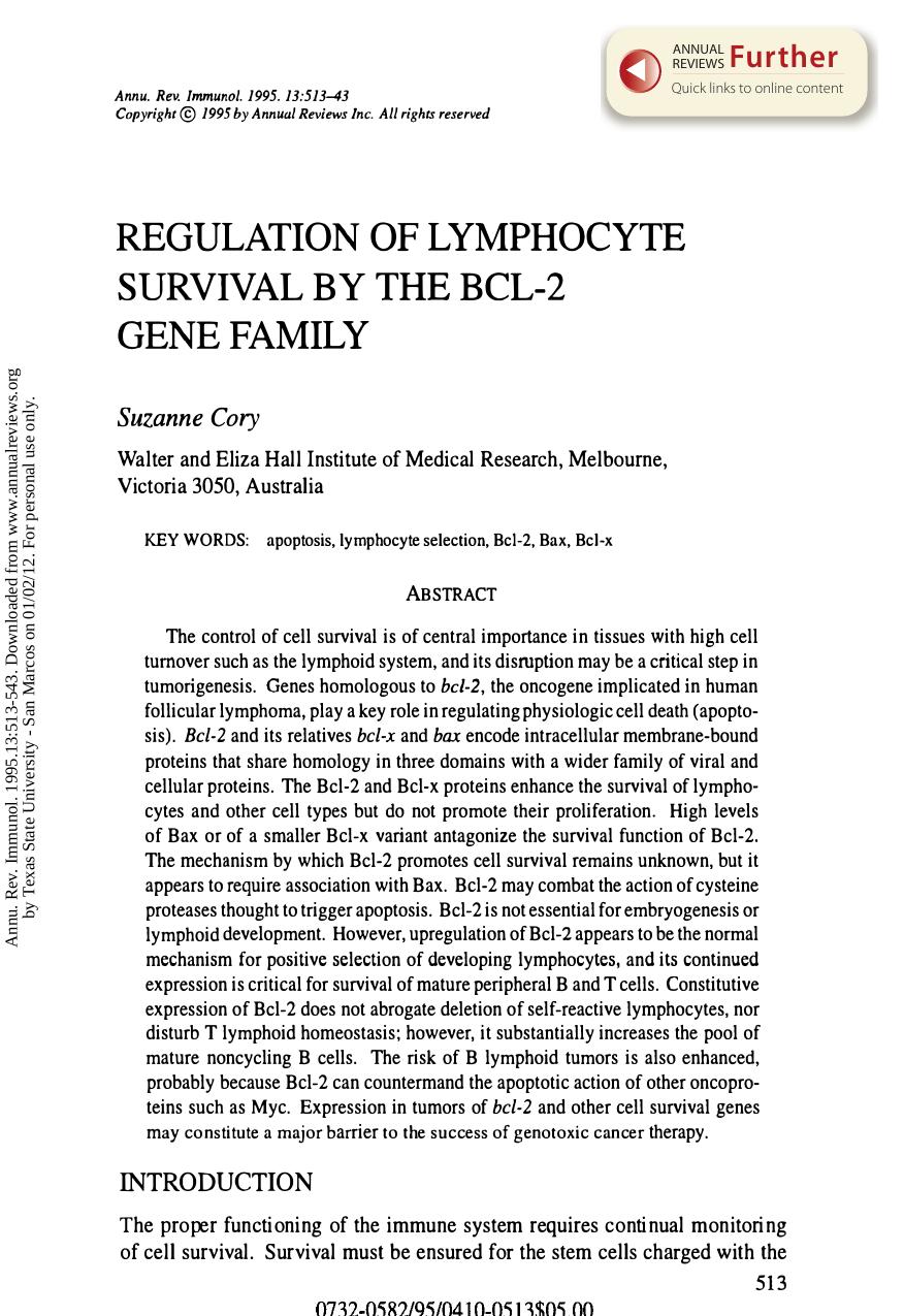 Regulation of Lymphocyte Survival by the BCL-2 Gene Family by Suzanne Cory