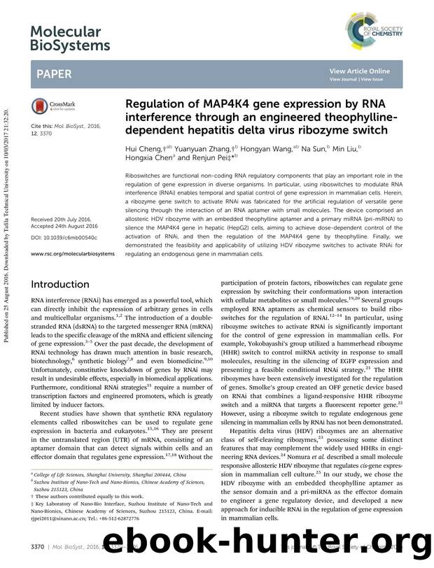 Regulation of MAP4K4 gene expression by RNA interference through an engineered theophylline-dependent hepatitis delta virus ribozyme switch by Hui Cheng & Yuanyuan Zhang & Hongyan Wang & Na Sun & Min Liu & Hongxia Chen & Renjun Pei