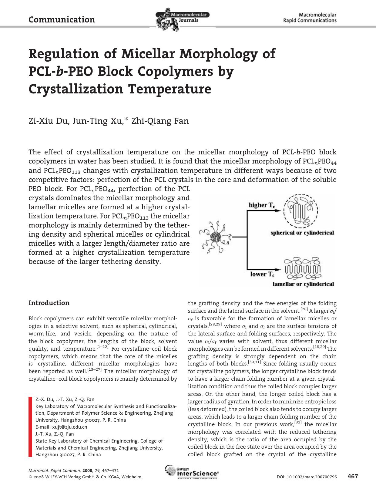 Regulation of Micellar Morphology of PCL-b-PEO Block Copolymers by Crystallization Temperature by Unknown