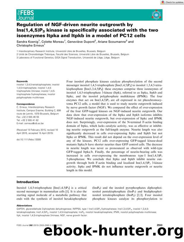 Regulation of NGFâdriven neurite outgrowth by Ins(1,4,5)P3 kinase is specifically associated with the two isoenzymes Itpka and Itpkb in a model of PC12 cells by Unknown