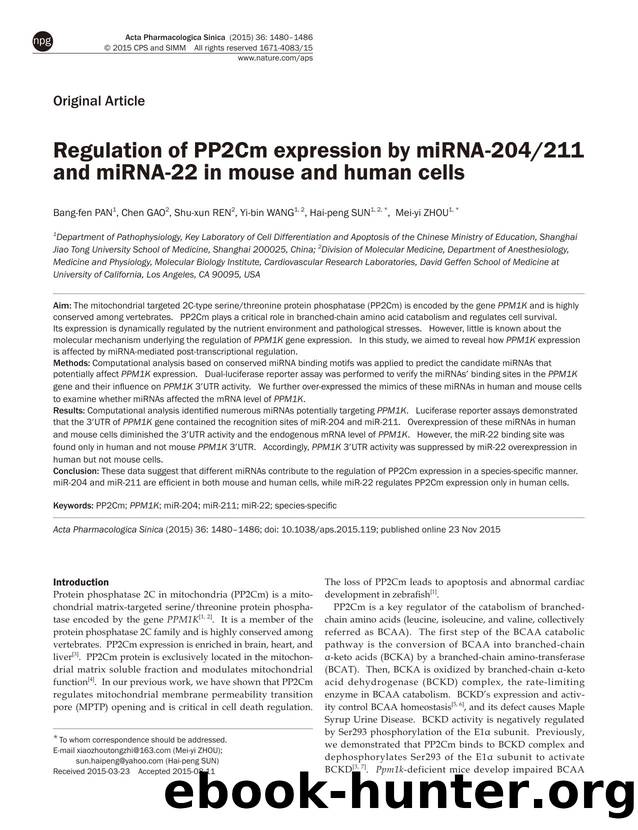 Regulation of PP2Cm expression by miRNA-204211 and miRNA-22 in mouse and human cells by Bang-fen Pan & Chen Gao & Shu-xun Ren & Yi-bin Wang & Hai-peng Sun & Mei-yi Zhou