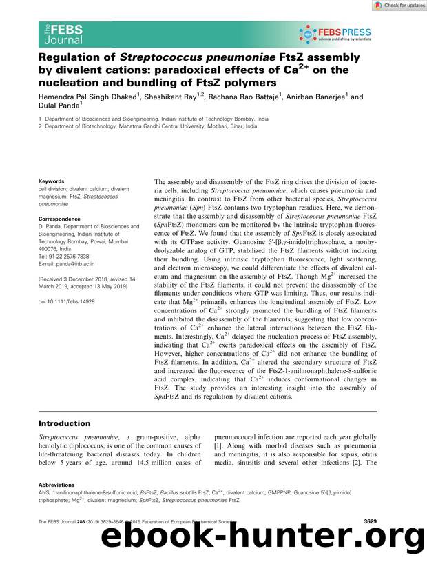 Regulation of Streptococcus pneumoniae FtsZ assembly by divalent cations: paradoxical effects of Ca2+ on the nucleation and bundling of FtsZ polymers by Unknown