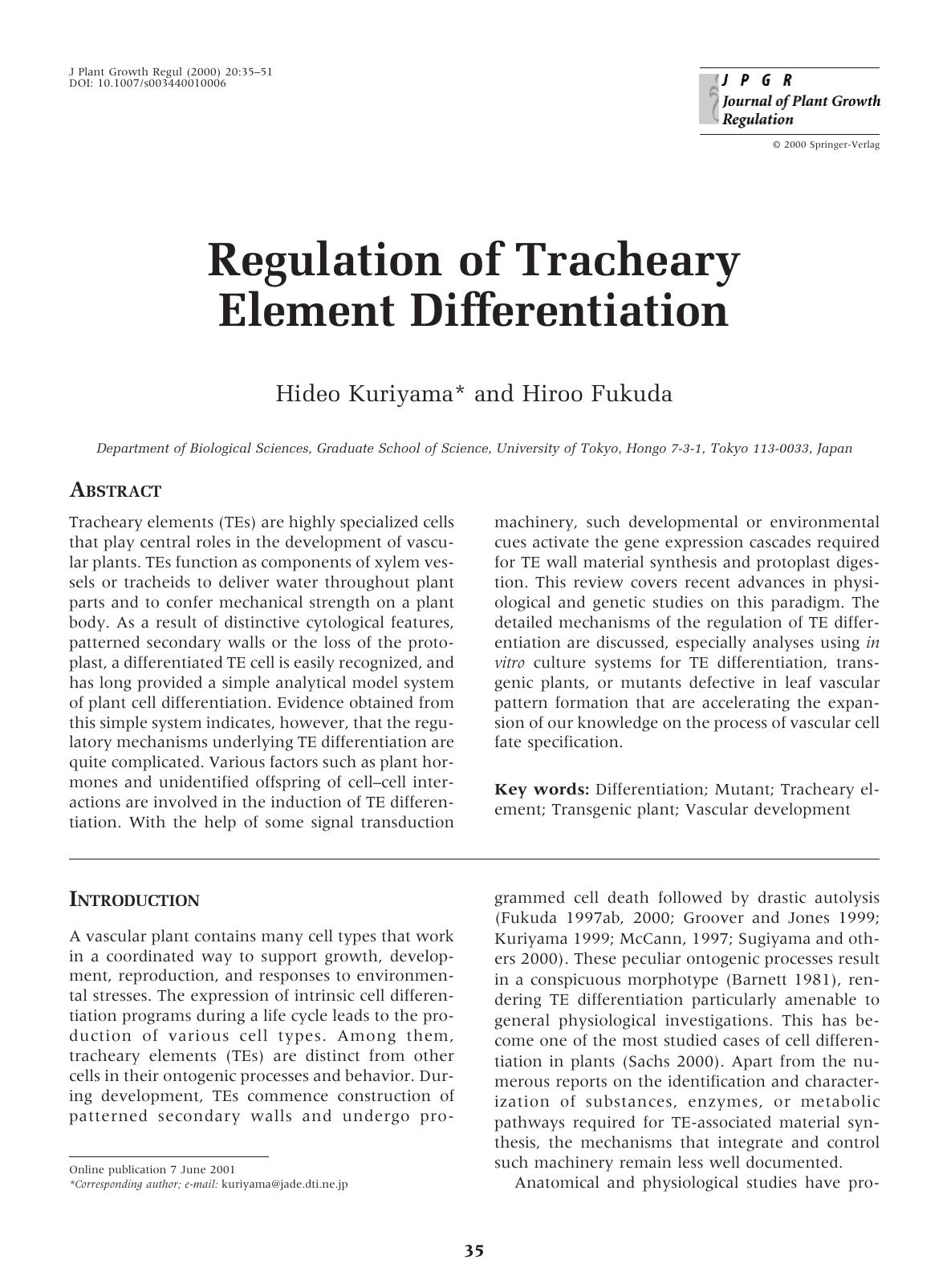 Regulation of Tracheary Element Differentiation by Kuriyama H. et al