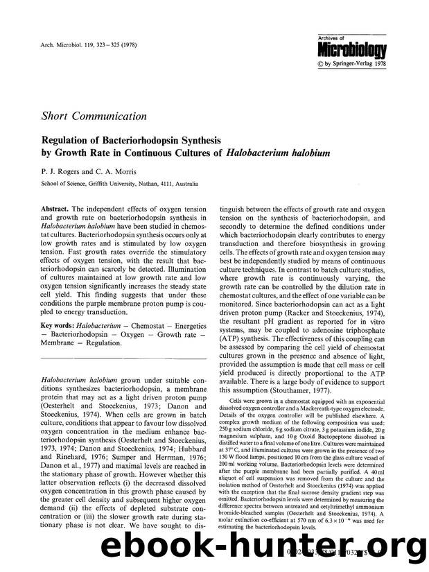 Regulation of bacteriorhodopsin synthesis by growth rate in continuous cultures of <Emphasis Type="Italic">Halobacterium halobium<Emphasis> by Unknown