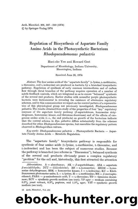 Regulation of biosynthesis of aspartate family amino acids in the photosynthetic bacterium <Emphasis Type="Italic">Rhodopseudomonas palustris<Emphasis> by Unknown