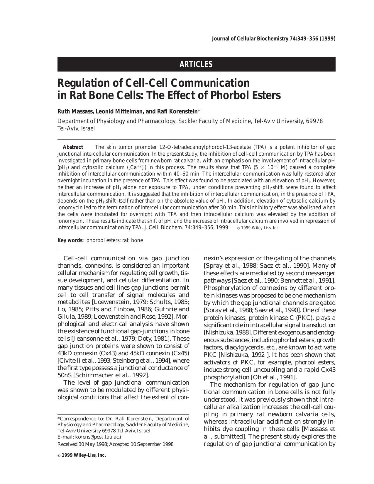 Regulation of cell-cell communication in rat bone cells: The effect of phorbol esters by Unknown