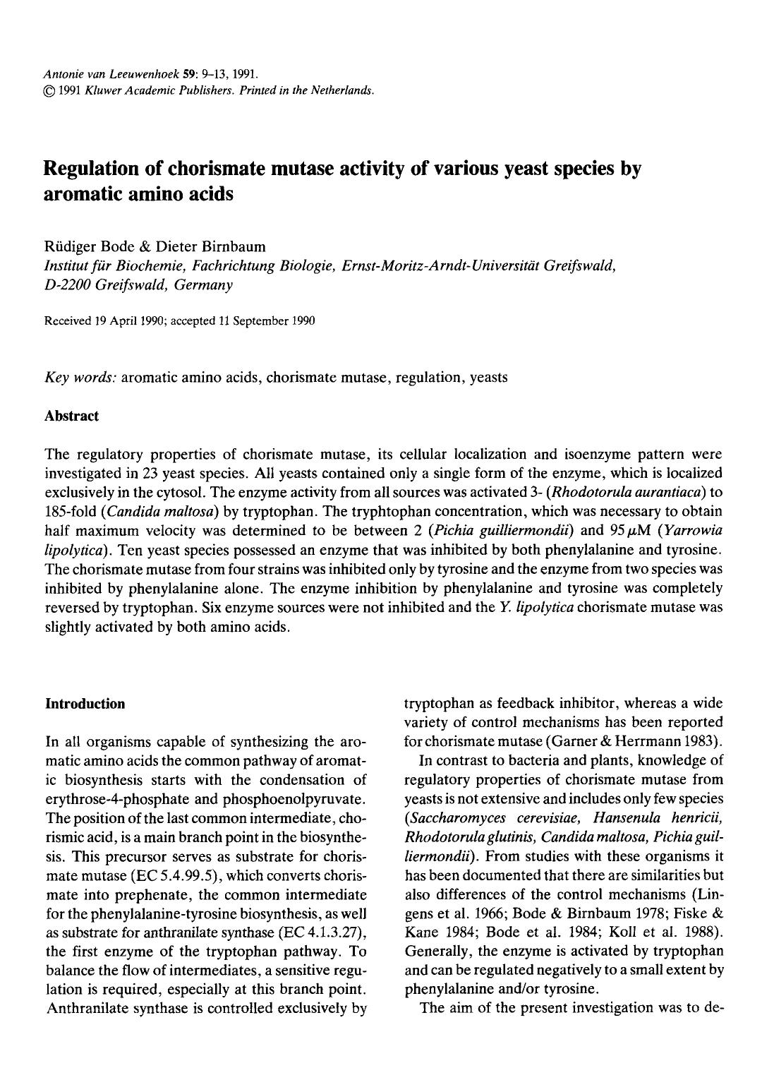 Regulation of chorismate mutase activity of various yeast species by aromatic amino acids by Unknown