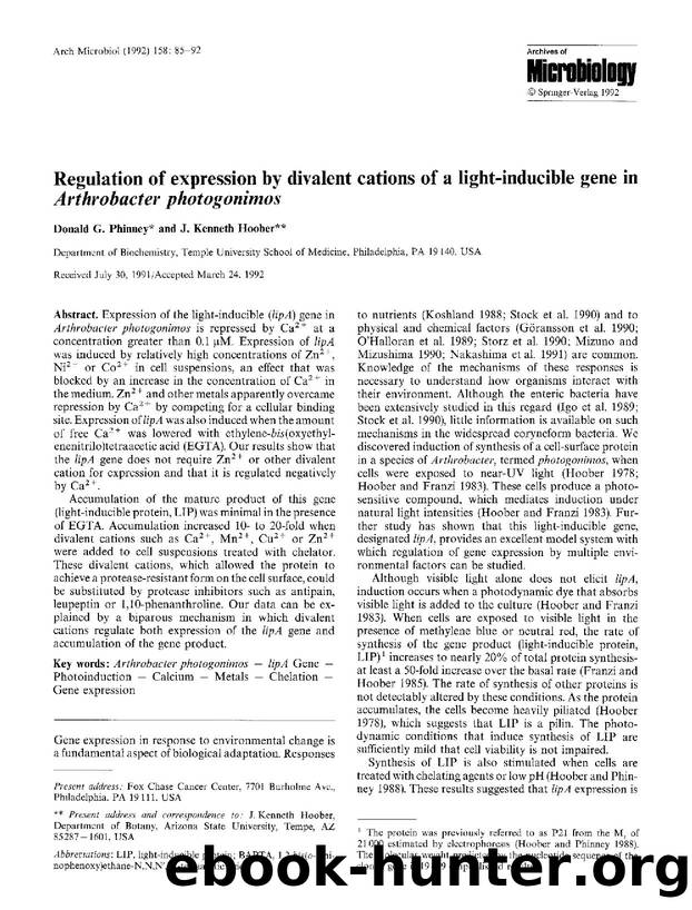 Regulation of expression by divalent cations of a light-inducible gene in <Emphasis Type="Italic">Arthrobacter photogonimos<Emphasis> by Unknown