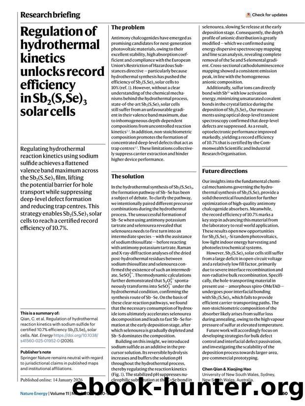 Regulation of hydrothermal kinetics unlocks record efficiency in Sb2(S,Se)3 solar cells by Unknown