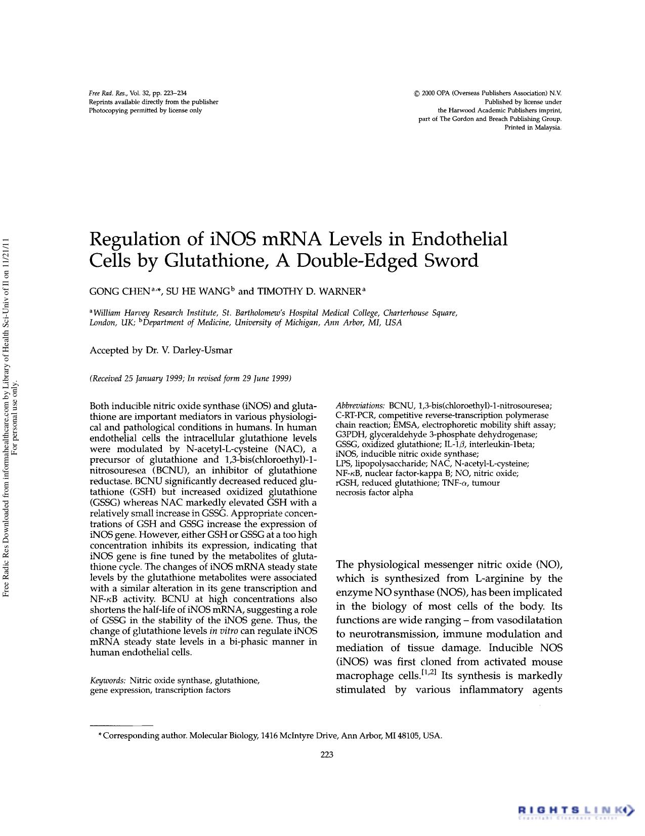 Regulation of iNOS mRNA levels in endothelial cells by glutathione, a double-edged sword by Gong Chen Su He Wang & Timothy D. Warner