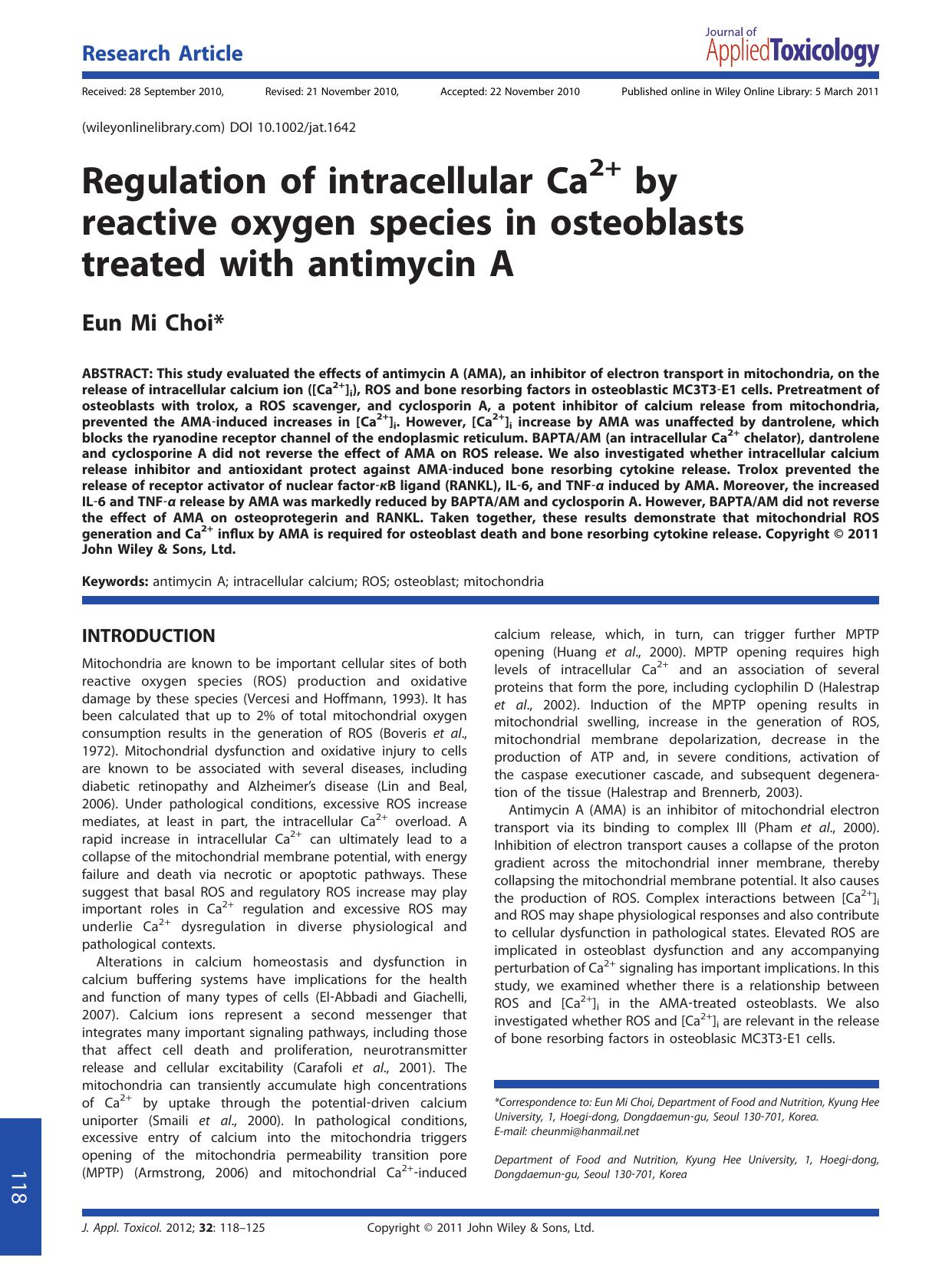 Regulation of intracellular Ca2+ by reactive oxygen species in osteoblasts treated with antimycin A by Unknown