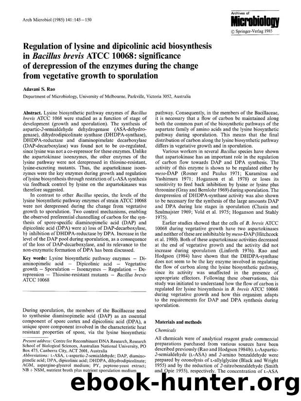 Regulation of lysine and dipicolinic acid biosynthesis in <Emphasis Type="Italic">Bacillus brevis<Emphasis> ATCC 10068: significance of derepression of the enzymes during the chang by Unknown