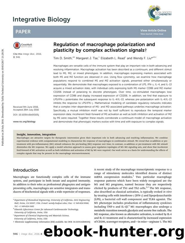 Regulation of macrophage polarization and plasticity by complex activation signals by Tim D. Smith & Margaret J. Tse & Elizabeth L. Read & Wendy F. Liu