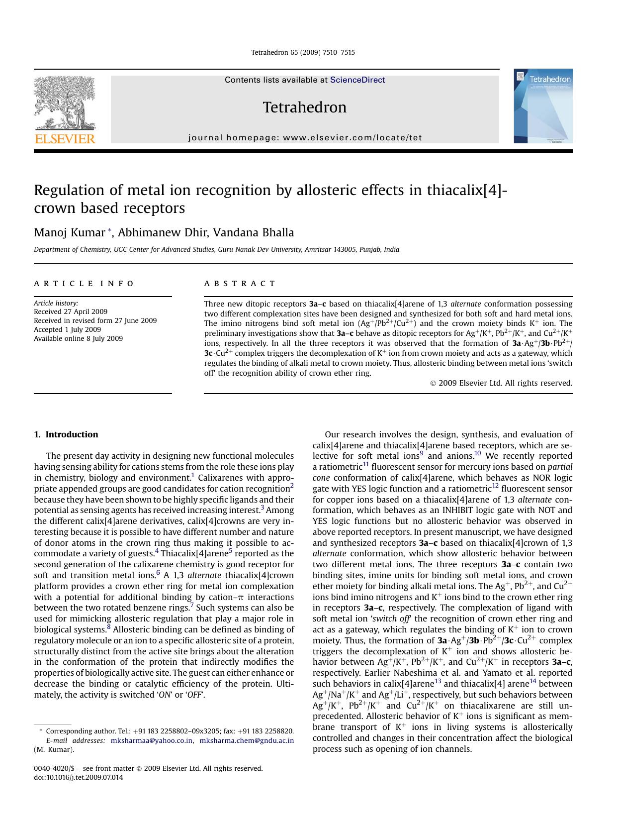 Regulation of metal ion recognition by allosteric effects in thiacalix[4]crown based receptors by Manoj Kumar; Abhimanew Dhir; Vandana Bhalla