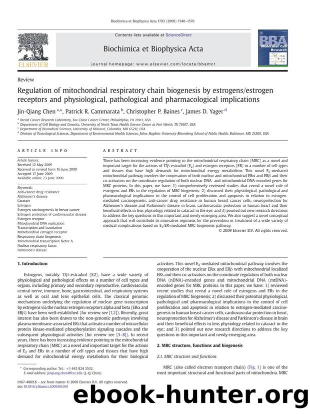 Regulation of mitochondrial respiratory chain biogenesis by estrogensestrogen receptors and physiological, pathological and pharmacological implications by Jin-Qiang Chen; Patrick R. Cammarata; Christopher P. Baines; James D. Yager