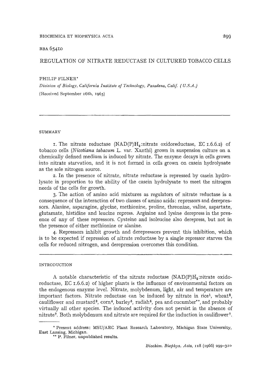 Regulation of nitrate reductase in cultured tobacco cells by Philip Filner