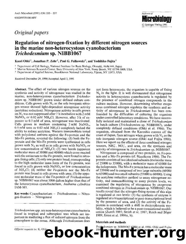 Regulation of nitrogen-fixation by different nitrogen sources in the marine non-heterocystous cyanobacterium <Emphasis Type="Italic">Trichodesmium<Emphasis> sp. NIBB1067 by Unknown