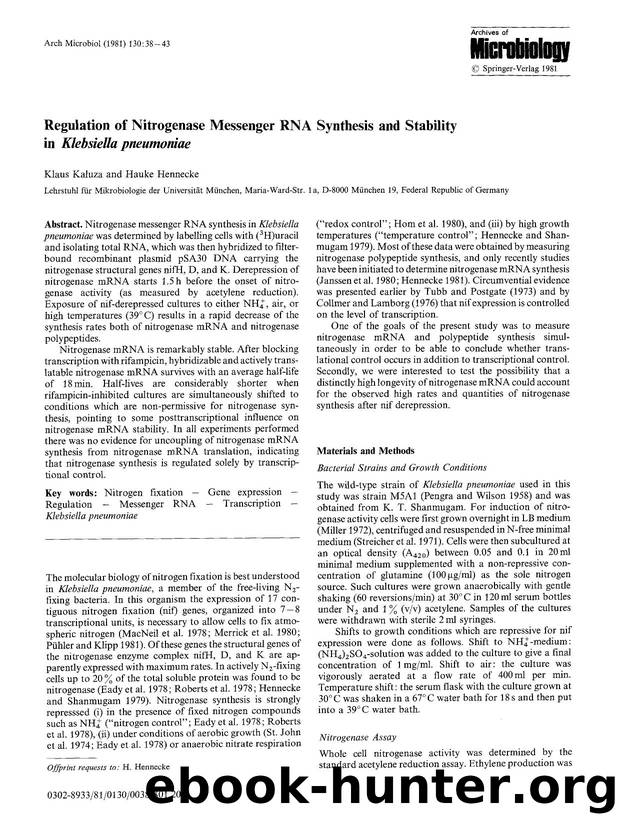 Regulation of nitrogenase messenger RNA synthesis and stability in <Emphasis Type="Italic">Klebsiella pneumoniae<Emphasis> by Unknown
