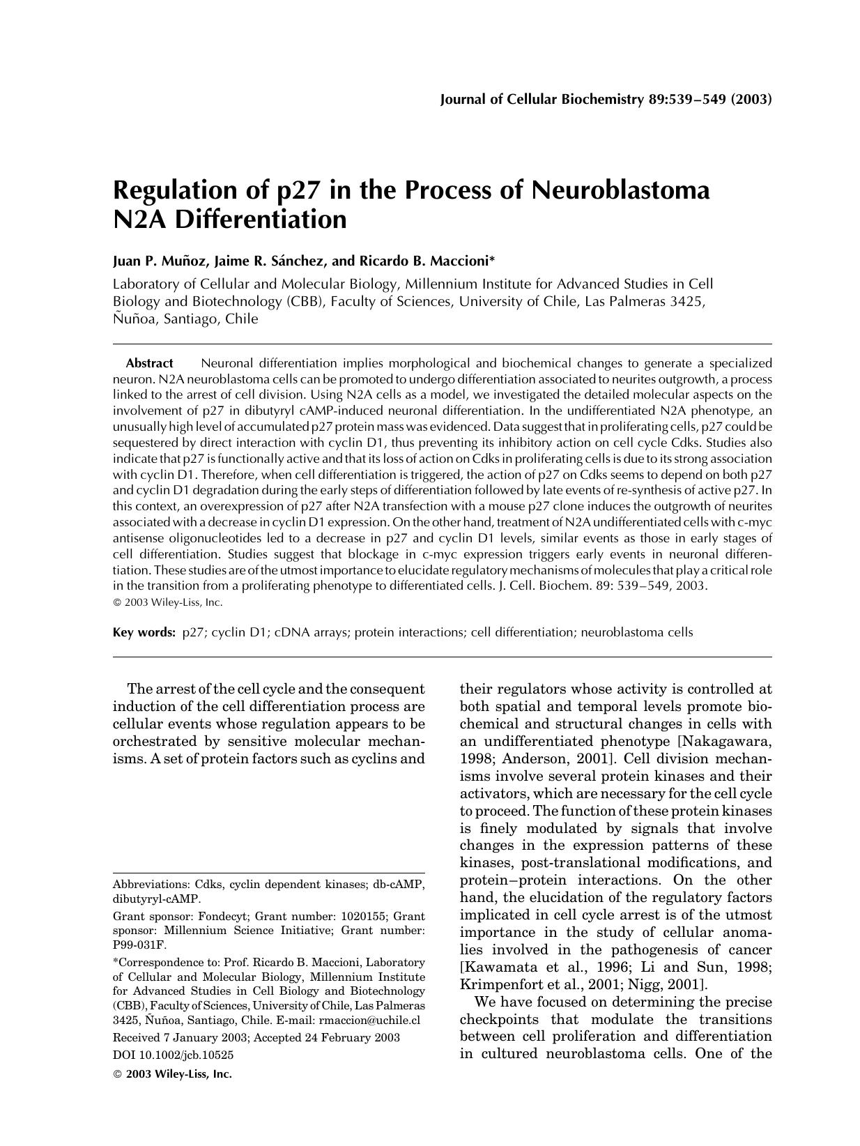 Regulation of p27 in the process of neuroblastoma N2A differentiation by Unknown