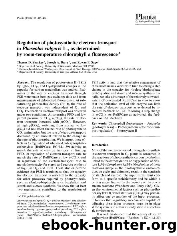 Regulation of photosynthetic electron-transport in <Emphasis Type="Italic">Phaseolus vulgaris<Emphasis> L., as determined by room-temperature chlorophyll a fluorescence by Unknown
