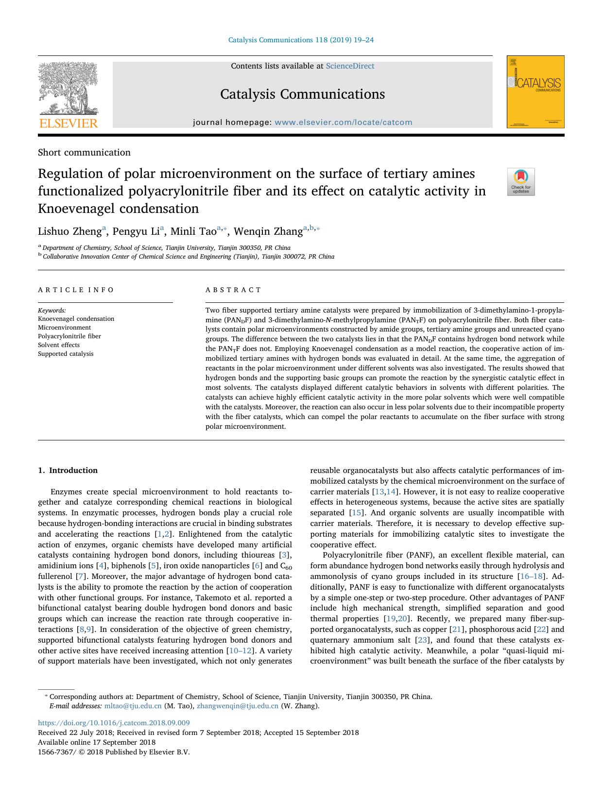 Regulation of polar microenvironment on the surface of tertiary amines functionalized polyacrylonitrile fiber and its effect on catalytic activity in Knoevenagel condensation by Lishuo Zheng & Pengyu Li & Minli Tao & Wenqin Zhang