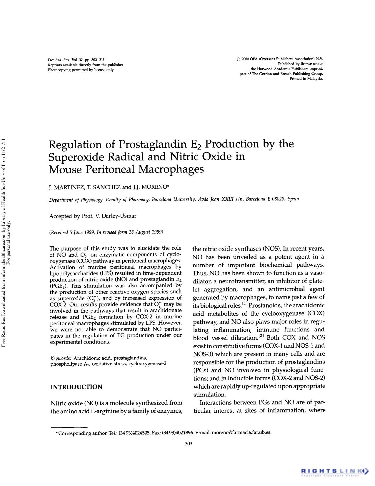 Regulation of prostaglandin E2 production by the superoxide radical and nitric oxide in mouse peritoneal macrophages by J. Martinez T. Sanchez & J.J. Moreno