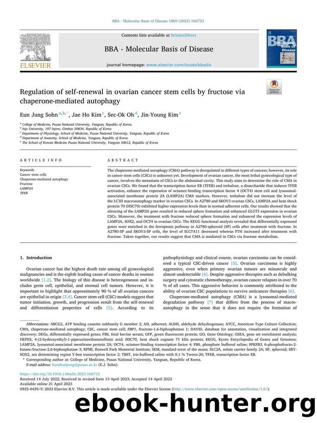 Regulation of self-renewal in ovarian cancer stem cells by fructose via chaperone-mediated autophagy by Eun Jung Sohn & Jae Ho Kim & Sec-Ok Oh & Jin-Young Kim
