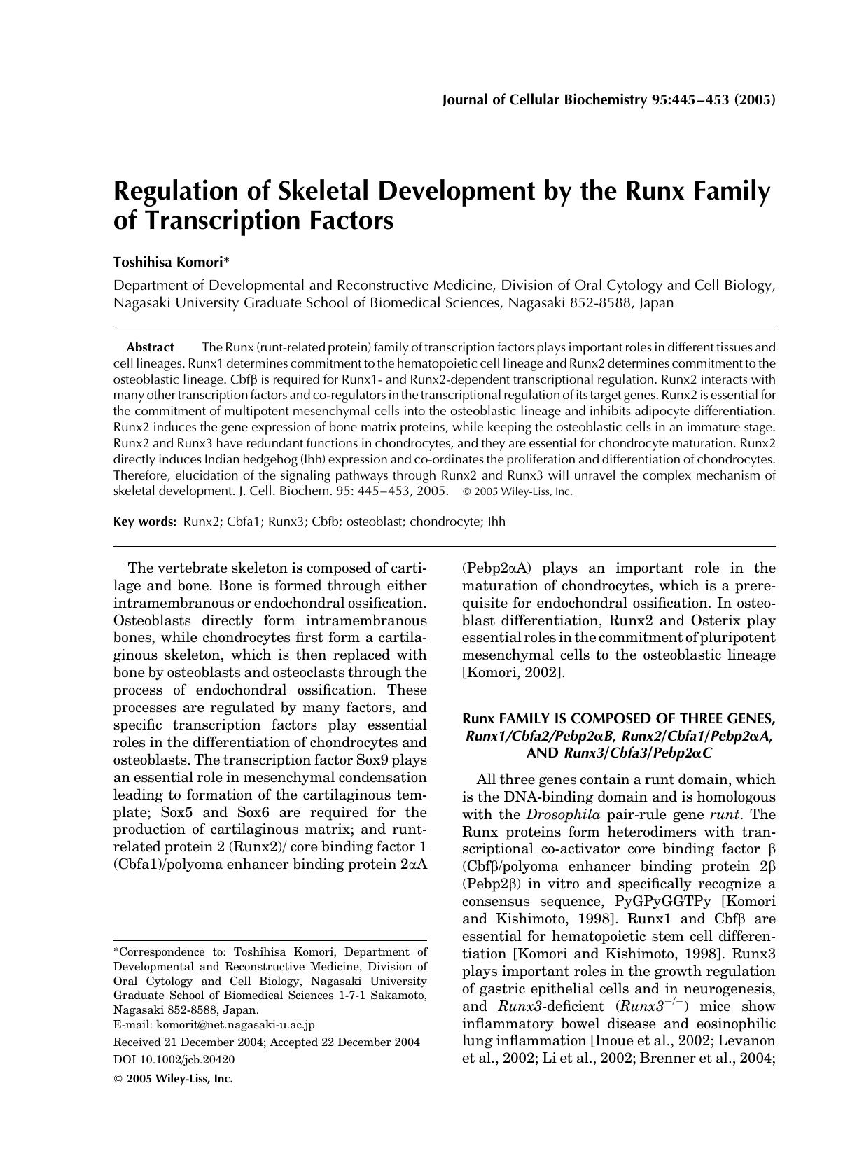 Regulation of skeletal development by the Runx family of transcription factors by Unknown