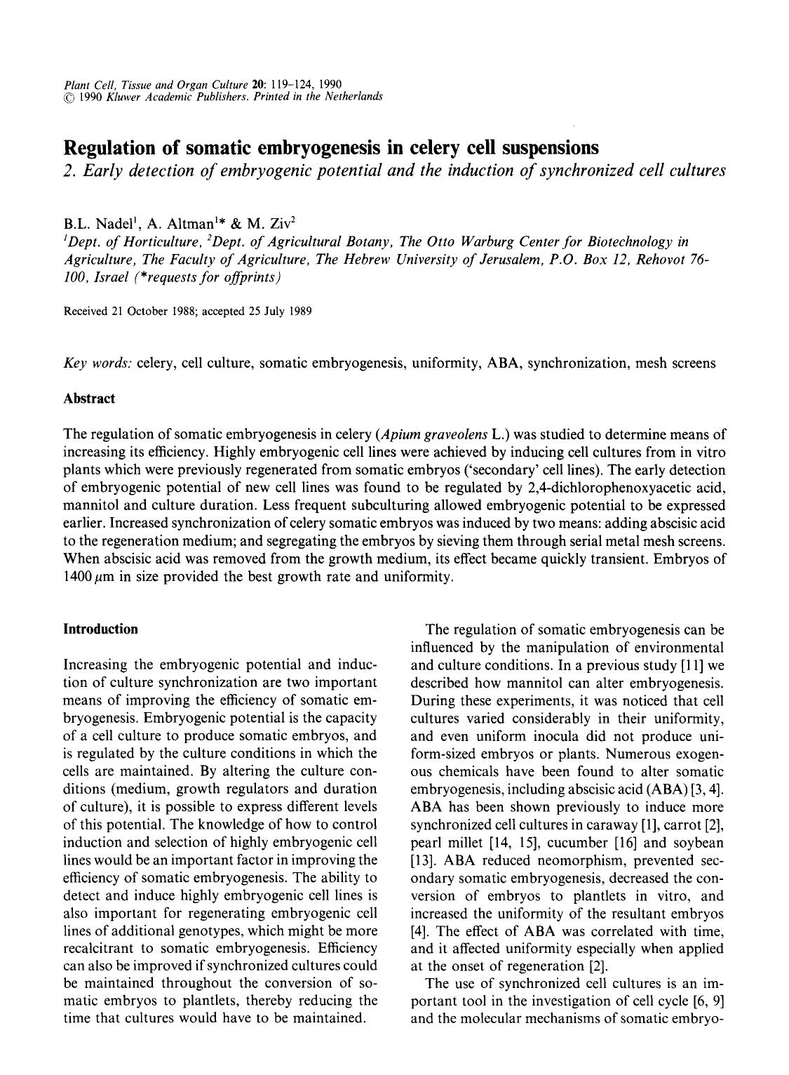 Regulation of somatic embryogenesis in celery cell suspensions by Unknown