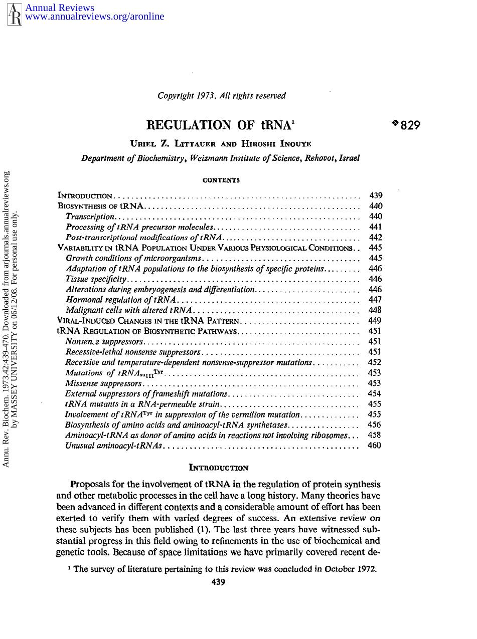 Regulation of tRNA by U Z Littauer & H Inouye