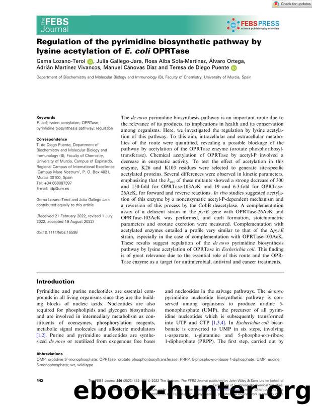 Regulation of the pyrimidine biosynthetic pathway by lysine acetylation of E.âcoli OPRTase by Unknown