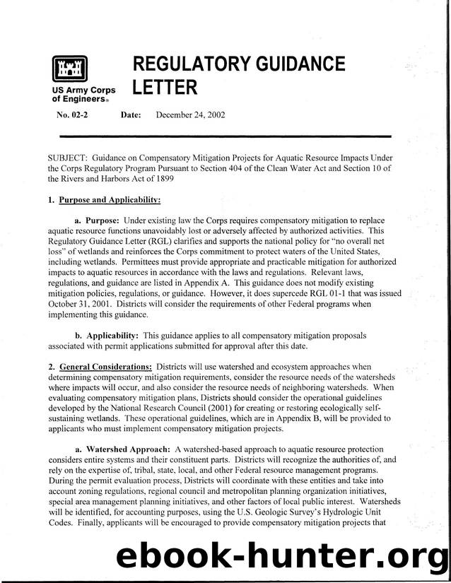 Regulatory Guidance Letter No 02-2, Guidance on Compensatory Mitigation Projects for Aquatic Resource Impacts Under the Corps Regulatory Program Pursuant to Section 404 of the Clea by Unknown