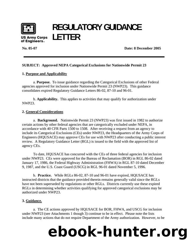 Regulatory Guidance Letter No 05-07, Approved NEPA Categorical Exclusions for Nationwide Permit 23 by Michael Jewell