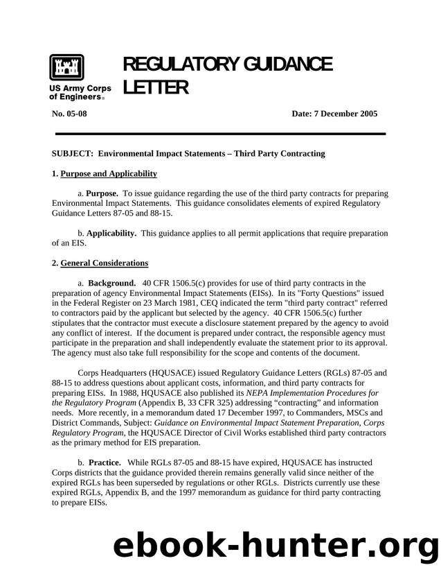 Regulatory Guidance Letter No 05-08, Environmental Impact Statements â Third Party Contracting by Michael Jewell
