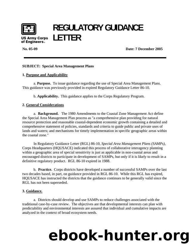 Regulatory Guidance No 05-09, Special Area Management Plans by Michael Jewell