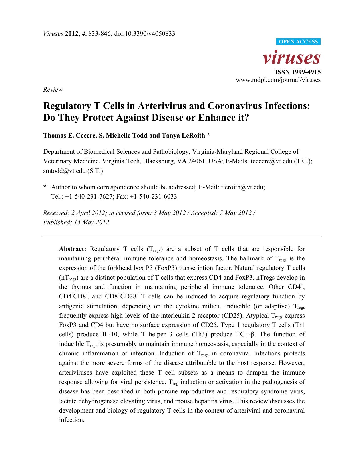 Regulatory T Cells in Arterivirus and Coronavirus Infections: Do They Protect Against Disease or Enhance it? by Thomas E. Cecere & S. Michelle Todd and Tanya LeRoith *