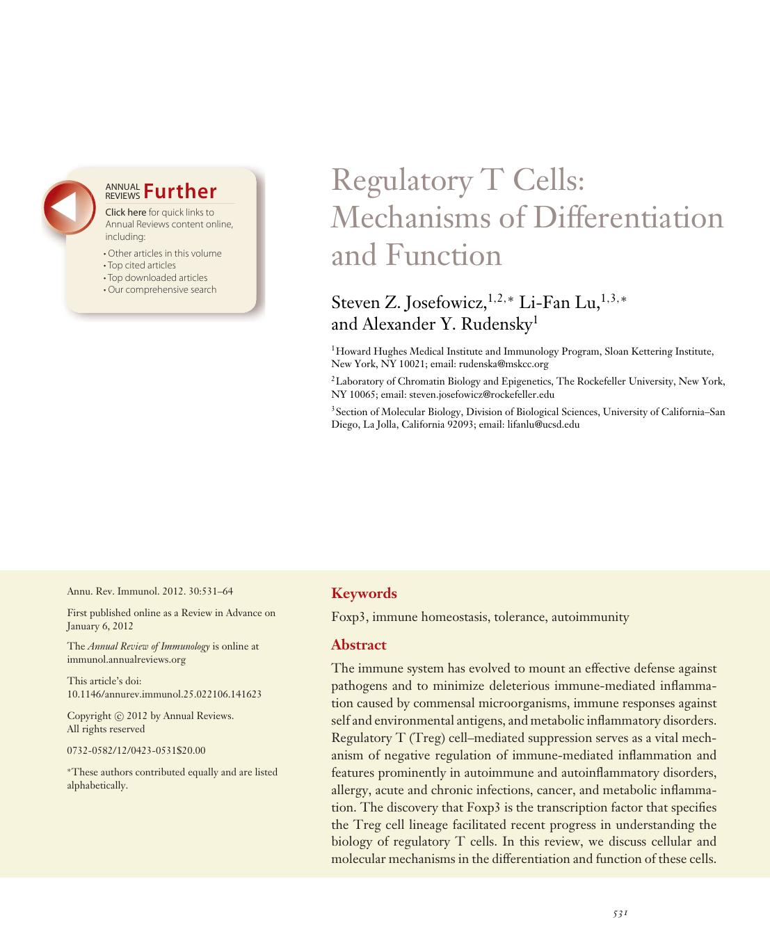 Regulatory T Cells: Mechanisms of Differentiation and Function by Steven Z. Josefowicz Li-Fan Lu and Alexander Y. Rudensky