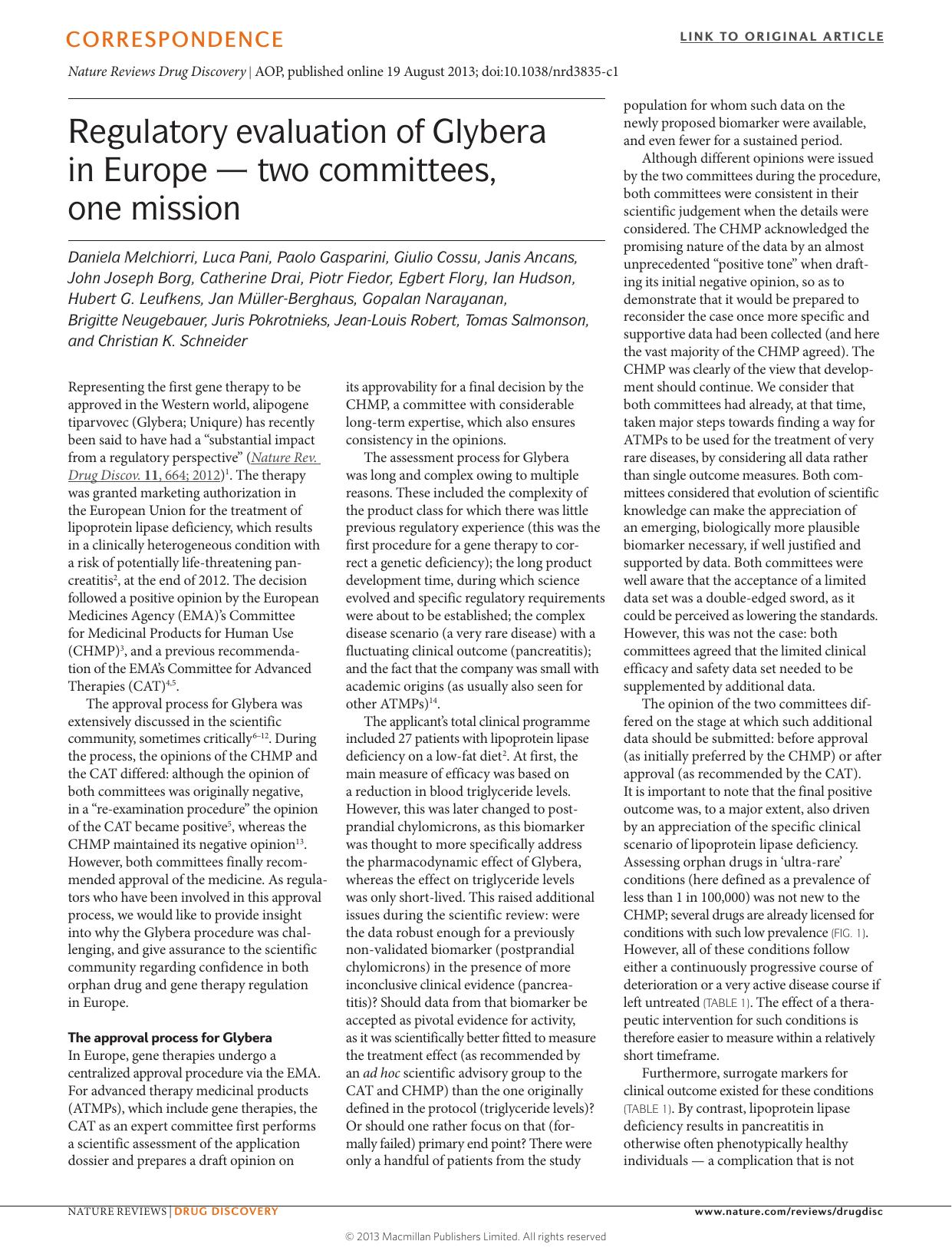 Regulatory evaluation of Glybera in Europe â two committees, one mission by unknow