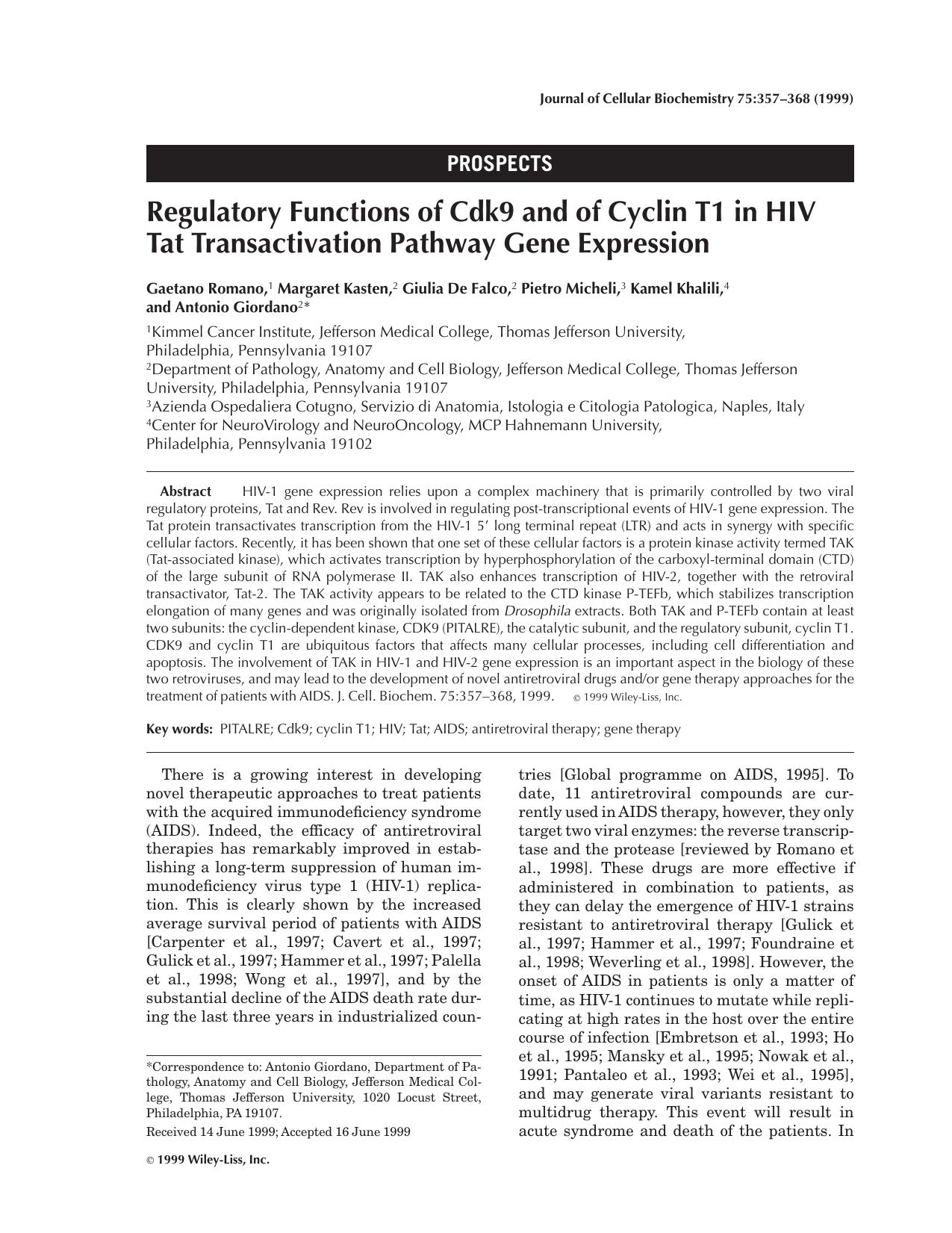 Regulatory functions of Cdk9 and of cyclin T1 in HIV Tat transactivation pathway gene expression by Unknown