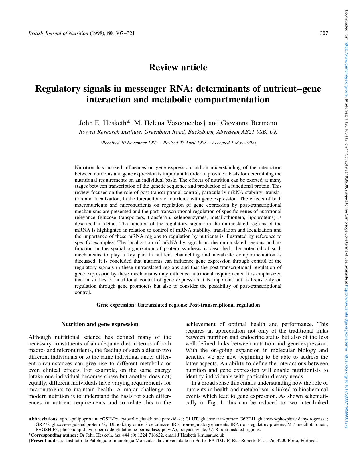 Regulatory signals in messenger RNA: determinants of nutrient-gene interaction and metabolic compartmentation by J.E. Hesketh ; M.H. Vasconcelos ; G. Bermano