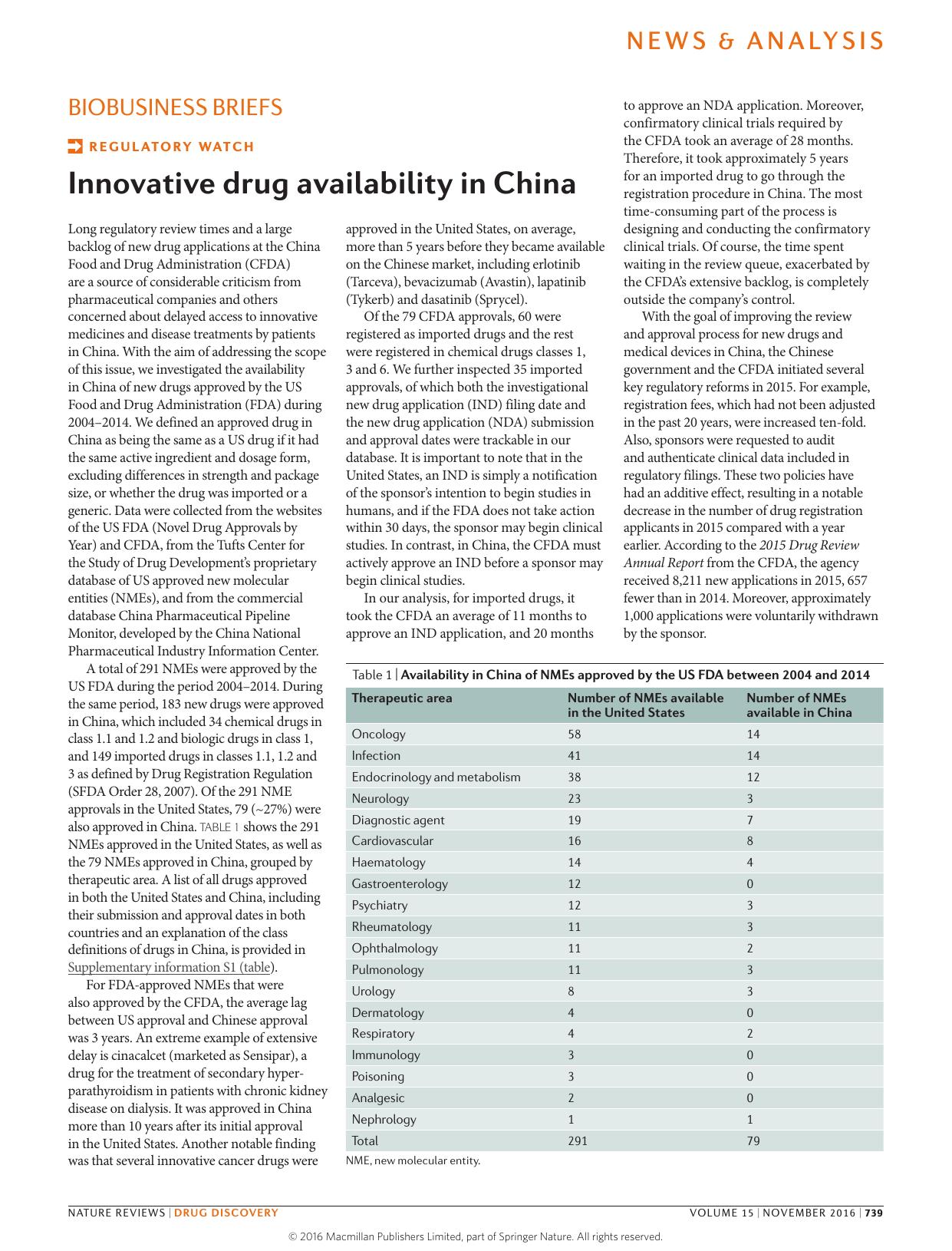 Regulatory watch: Innovative drug availability in China by Liming Shao & Lili Xu & Qiu Li & Ranjana Chakravarthy & Ziling Yang & Kenneth I Kaitin