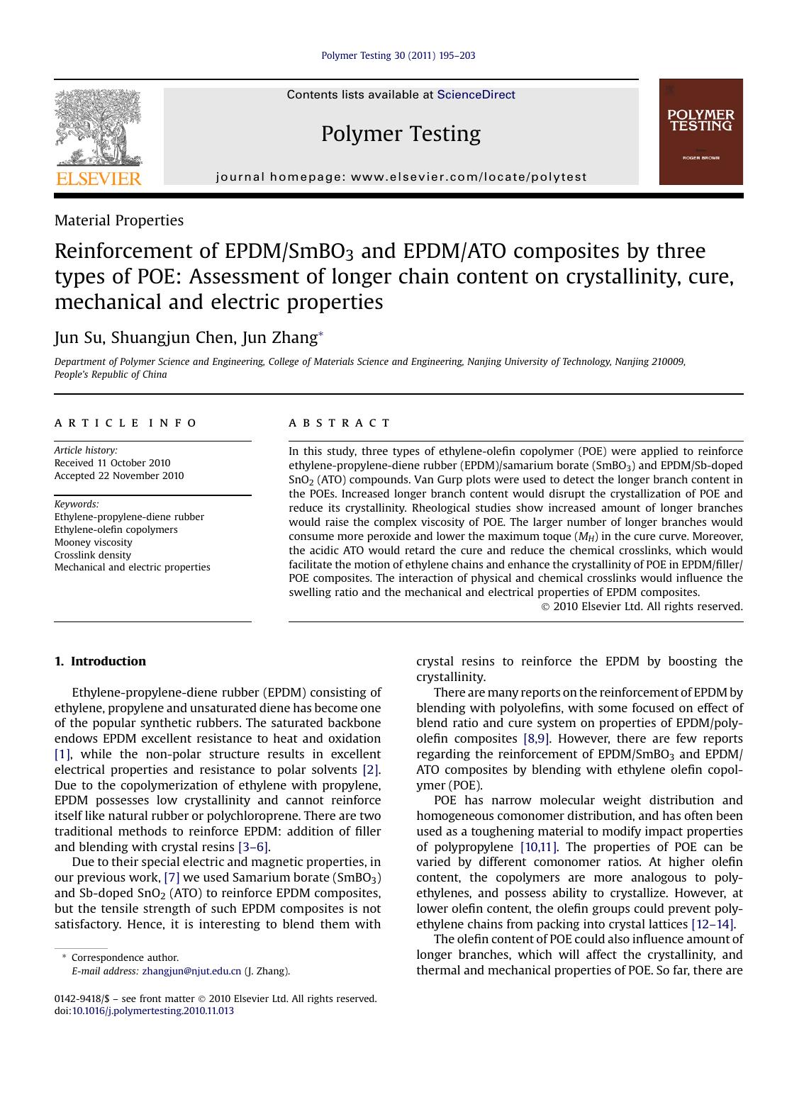 Reinforcement of EPDMSmBO3 and EPDMATO composites by three types of POE: Assessment of longer chain content on crystallinity, cure, mechanical and electric properties by Jun Su & Shuangjun Chen & Jun Zhang
