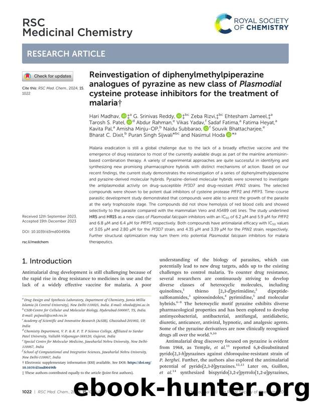 Reinvestigation of diphenylmethylpiperazine analogues of pyrazine as new class of Plasmodial cysteine protease inhibitors for the treatment of malaria by unknow