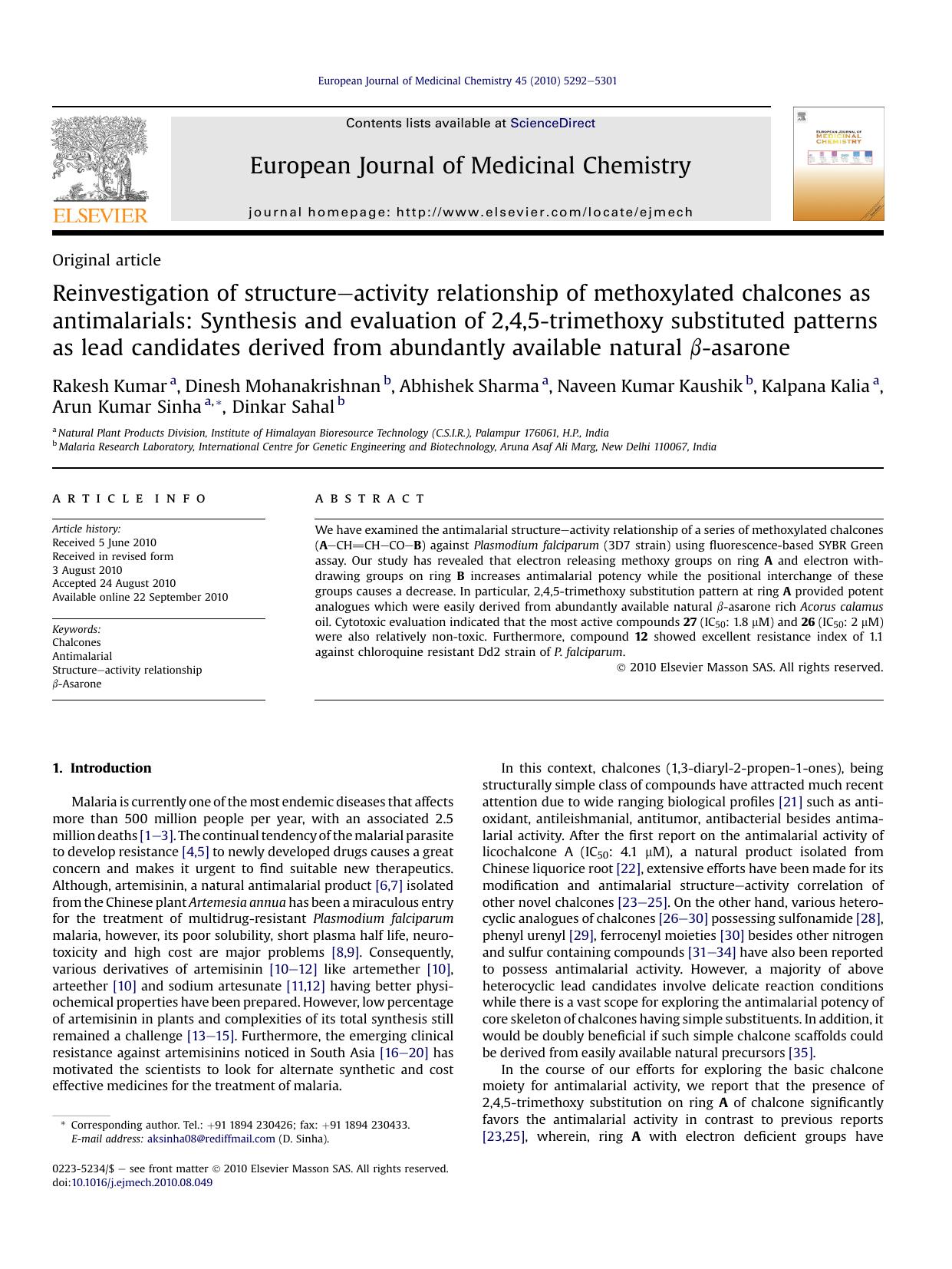 Reinvestigation of structure-activity relationship of methoxylated chalcones as antimalarials: Synthesis and evaluation of 2,4,5-trimethoxy substituted patterns as lead candidates by unknow