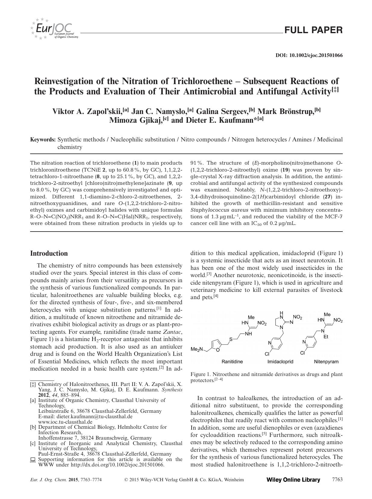 Reinvestigation of the Nitration of Trichloroethene Subsequent Reactions of the Products and Evaluation of Their Antimicrobial and Antifungal Activity by Unknown