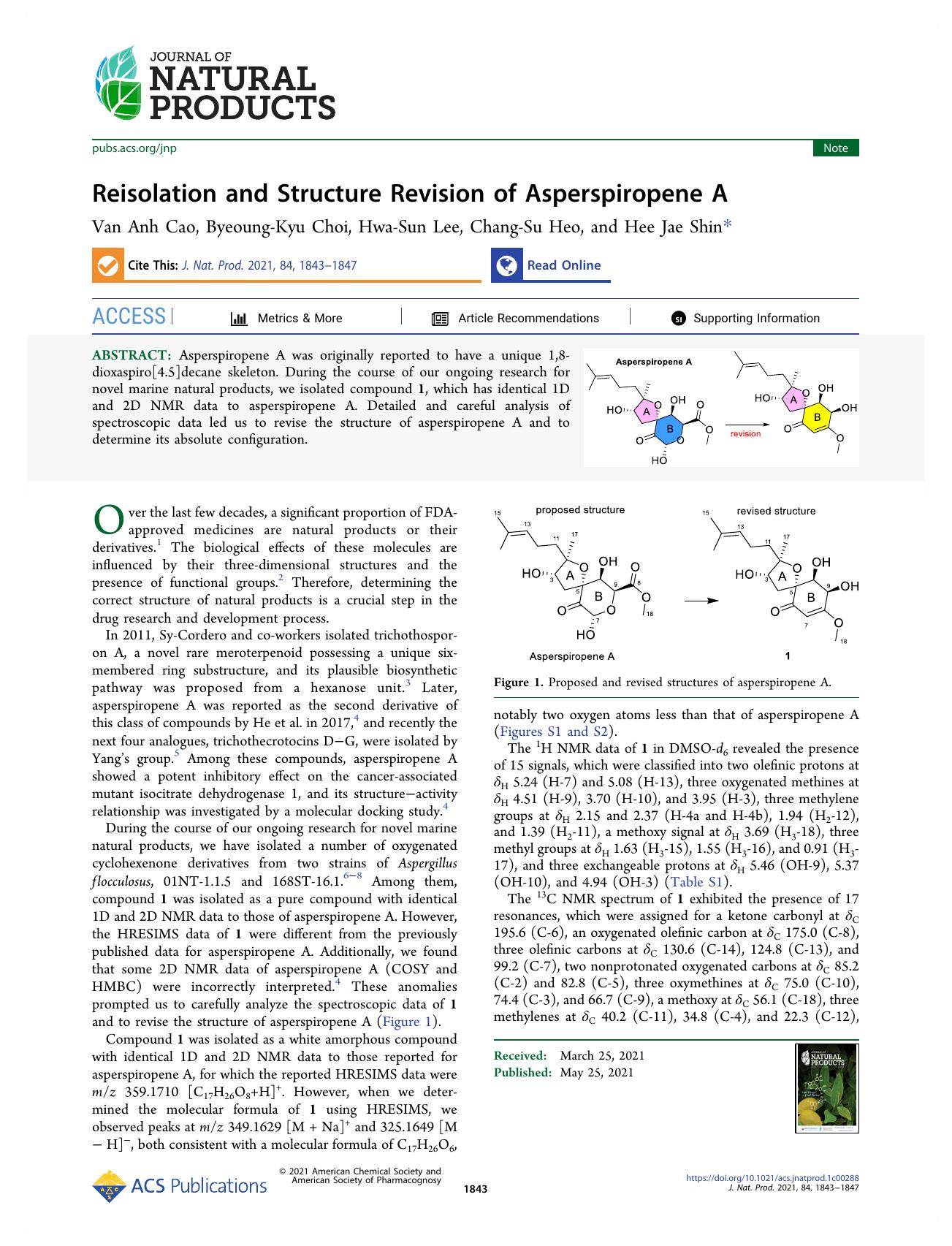 Reisolation and Structure Revision of Asperspiropene A by Van Anh Cao Byeoung-Kyu Choi Hwa-Sun Lee Chang-Su Heo and Hee Jae Shin