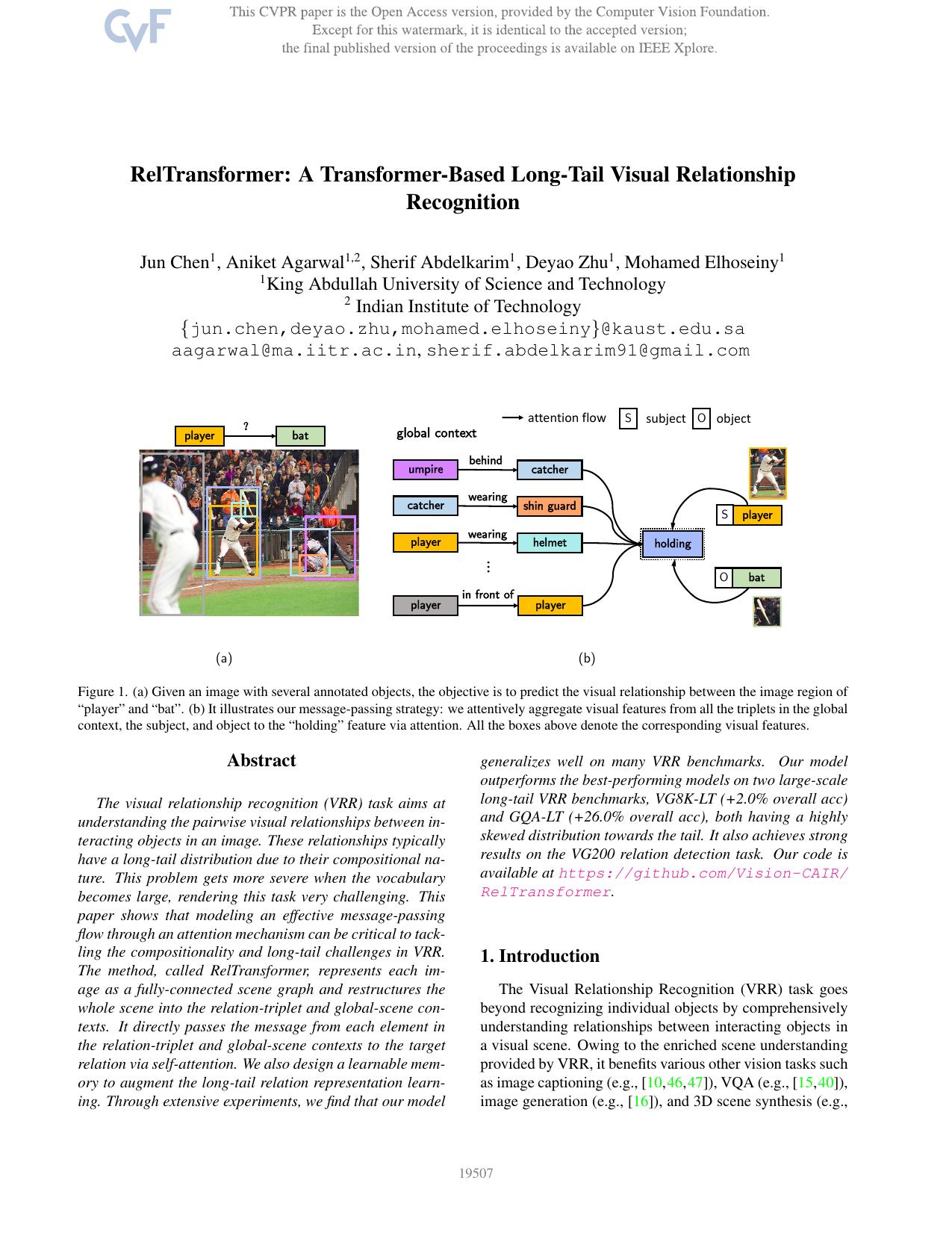 RelTransformer: A Transformer-Based Long-Tail Visual Relationship Recognition by Jun Chen & Aniket Agarwal & Sherif Abdelkarim & Deyao Zhu & Mohamed Elhoseiny
