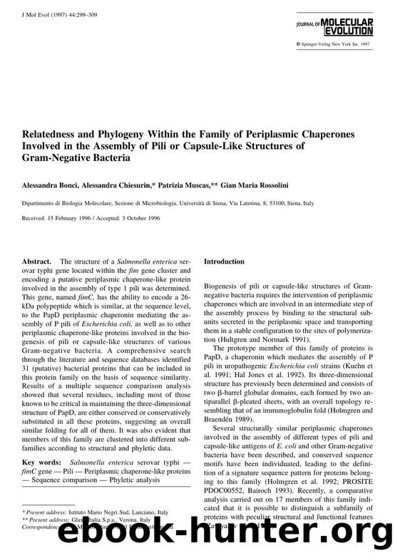 Relatedness and Phylogeny Within the Family of Periplasmic Chaperones Involved in the Assembly of Pili or Capsule-Like Structures of Gram-Negative Bacteria by Bonci A. et al